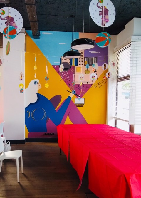 The graffiti was designed and painted in the showroom to celebrate the 10th anniversary of the design studio Decoroom