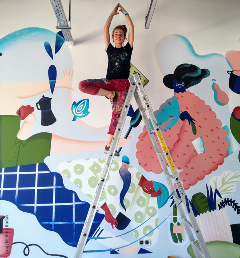 The mural was created in the Livinx student residence in Kraków, designed by Ania Rudak.